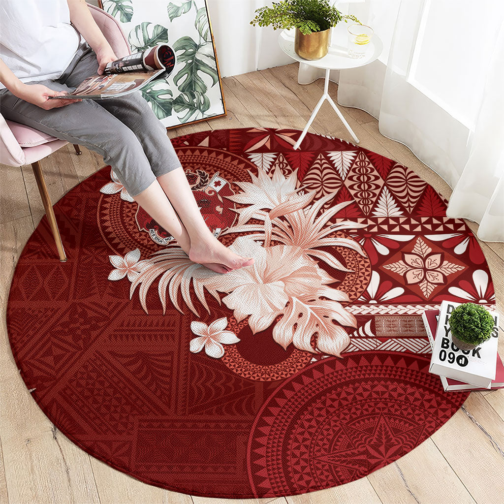 Tonga Ngatu Motifs Round Carpet With Coat Of Arms Red