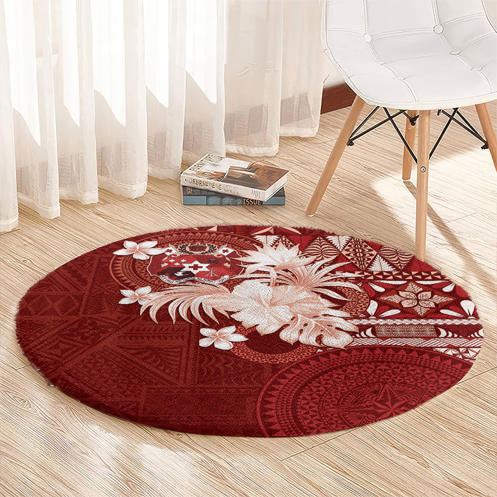 Tonga Ngatu Motifs Round Carpet With Coat Of Arms Red