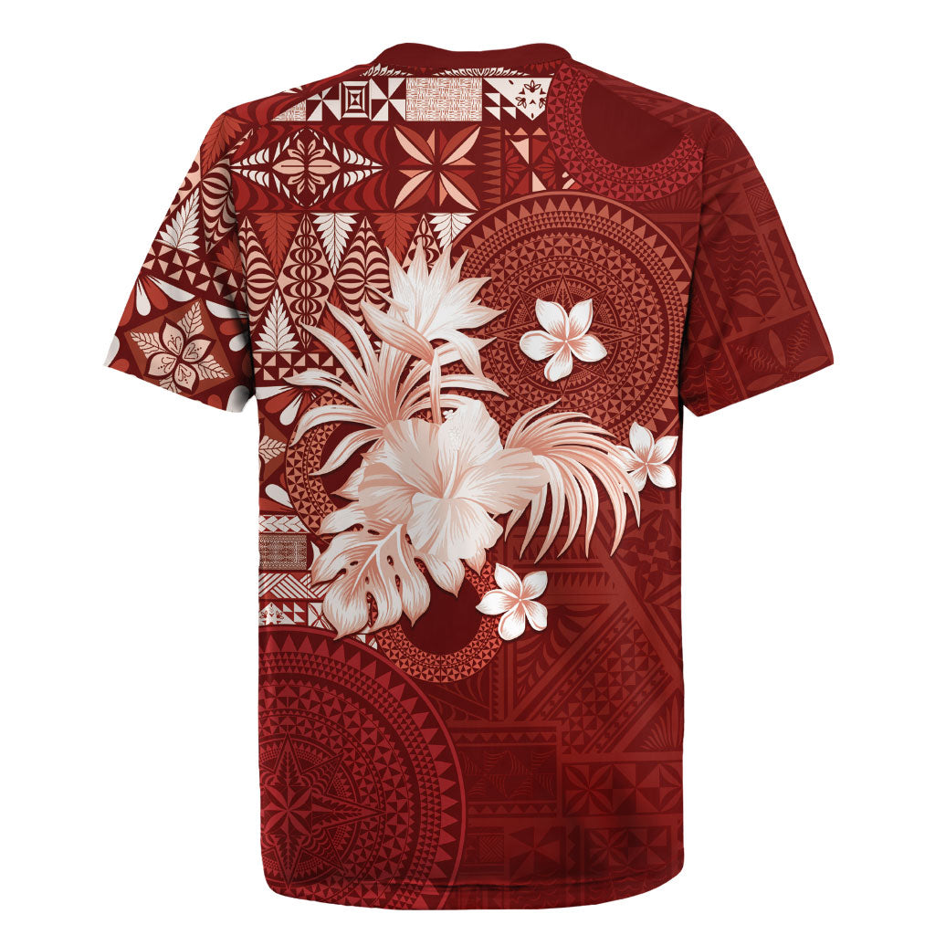 Tonga Ngatu Motifs Rugby Jersey With Coat Of Arms Red