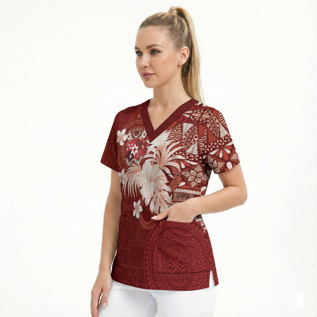 Tonga Ngatu Motifs Scrub Top With Coat Of Arms Red