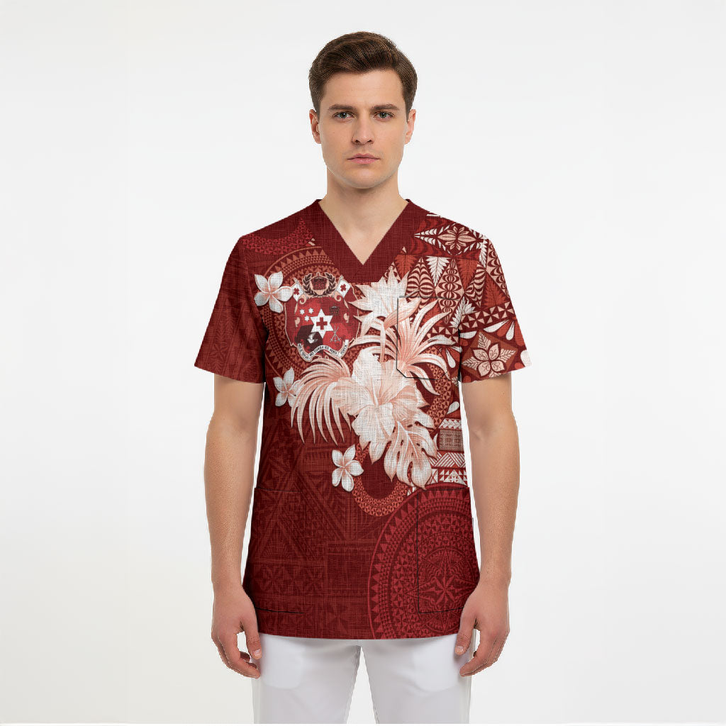 Tonga Ngatu Motifs Scrub Top With Coat Of Arms Red