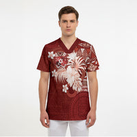Tonga Ngatu Motifs Scrub Top With Coat Of Arms Red