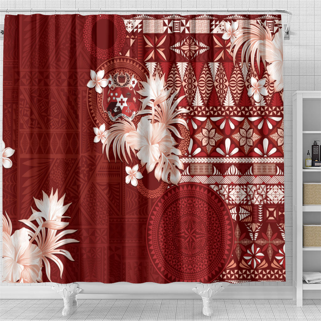 Tonga Ngatu Motifs Shower Curtain With Coat Of Arms Red