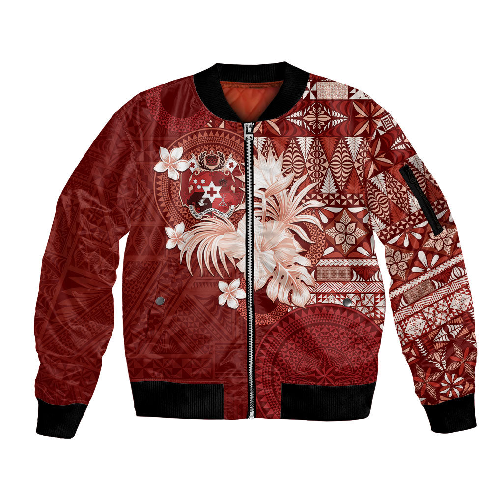 Tonga Ngatu Motifs Sleeve Zip Bomber Jacket With Coat Of Arms Red