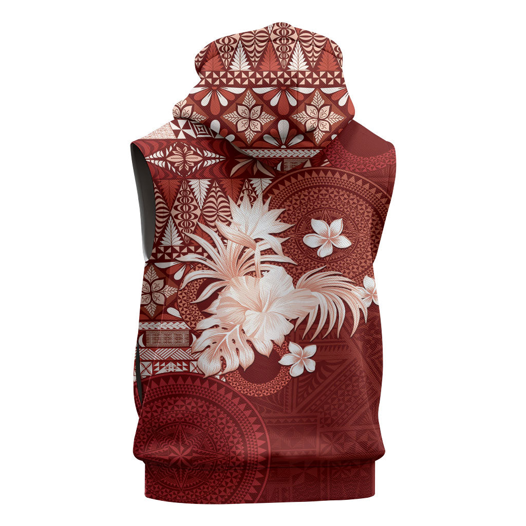 Tonga Ngatu Motifs Sleeveless Hoodie With Coat Of Arms Red