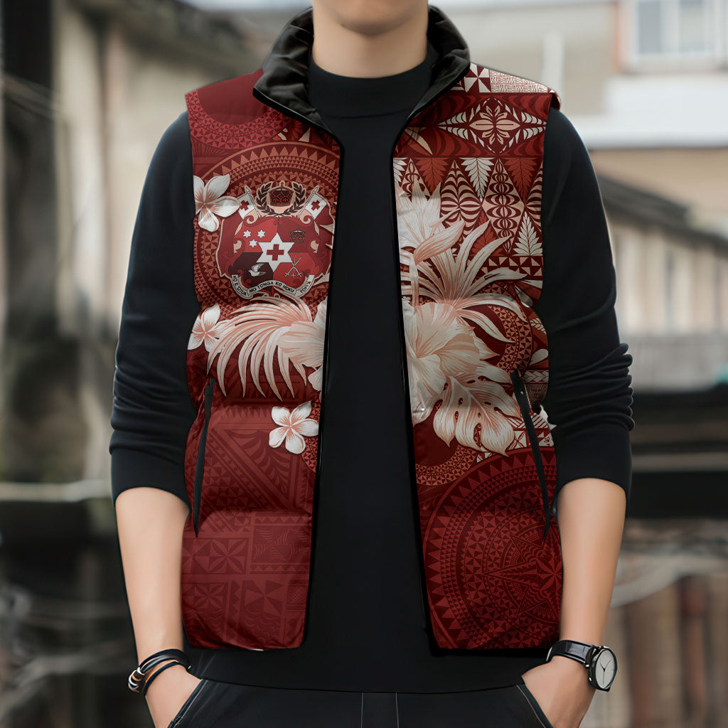 Tonga Ngatu Motifs Sleeveless Puffer Jacket With Coat Of Arms Red