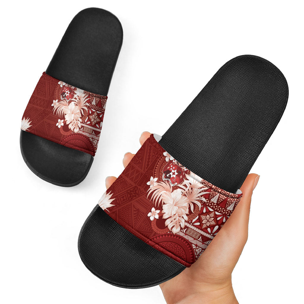 Tonga Ngatu Motifs Slide Sandals With Coat Of Arms Red