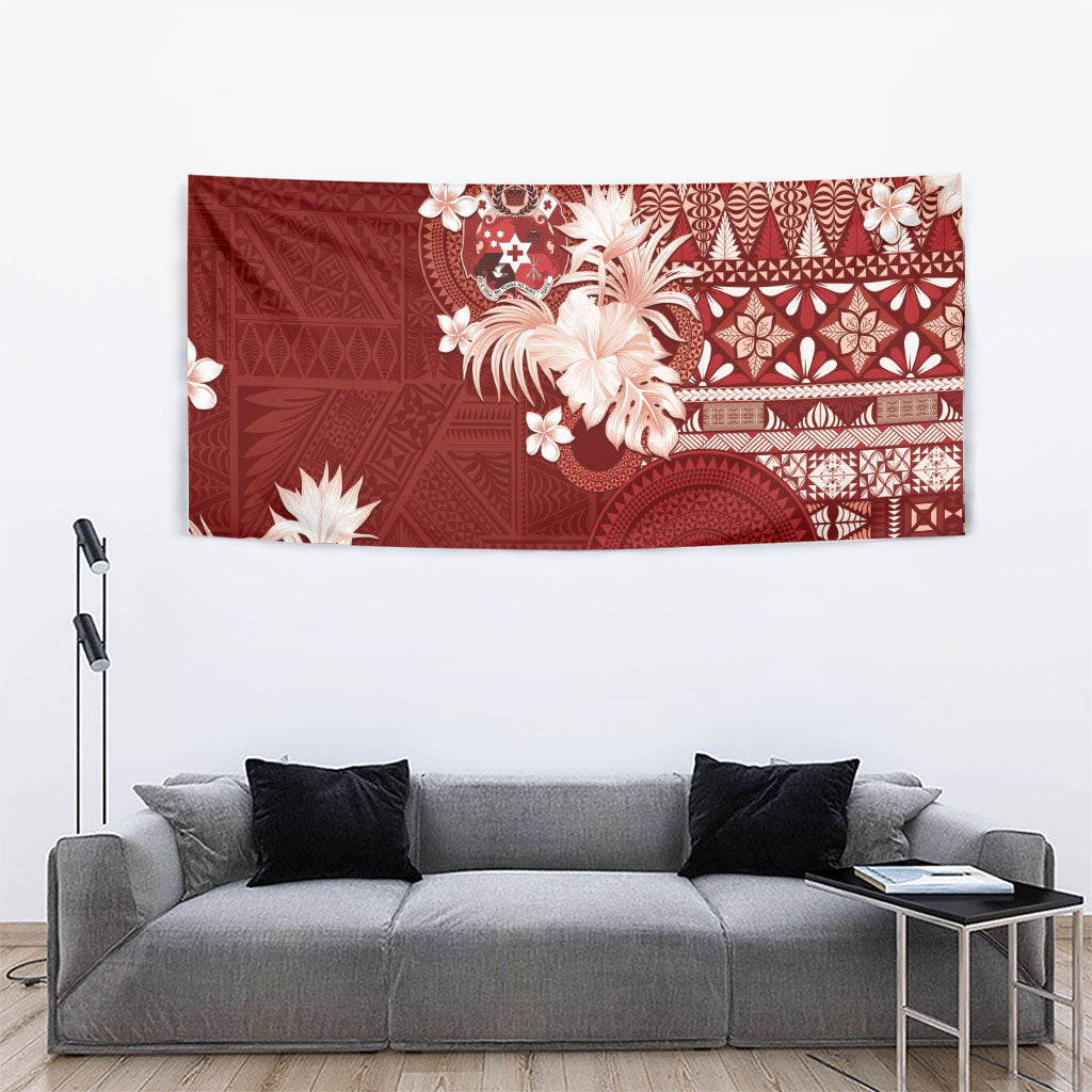 Tonga Ngatu Motifs Tapestry With Coat Of Arms Red