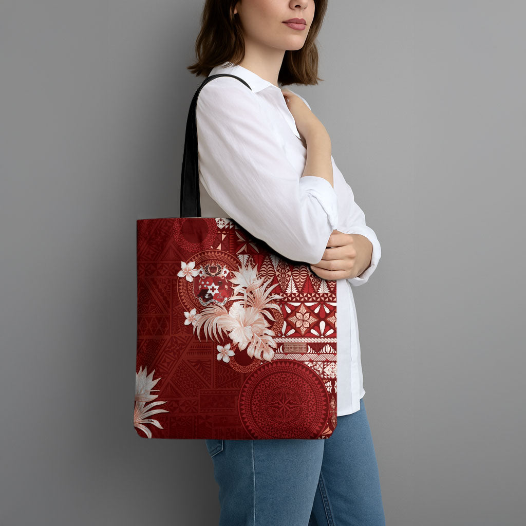 Tonga Ngatu Motifs Tote Bag With Coat Of Arms Red