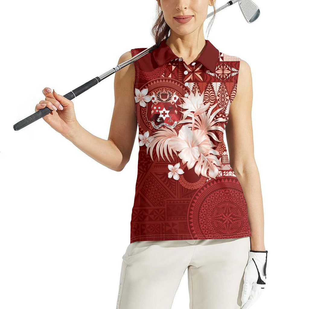 Tonga Ngatu Motifs Women Sleeveless Polo Shirt With Coat Of Arms Red