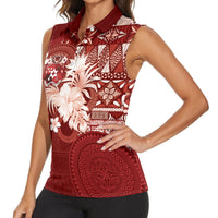 Tonga Ngatu Motifs Women Sleeveless Polo Shirt With Coat Of Arms Red