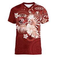 Tonga Ngatu Motifs Women V-Neck T-Shirt With Coat Of Arms Red