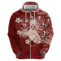 Tonga Ngatu Motifs Zip Hoodie With Coat Of Arms Red
