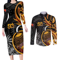 Personalised Papua New Guinea Couples Matching Long Sleeve Bodycon Dress and Long Sleeve Button Shirt Happy 50th Independence Anniversary - Polynesian Pride