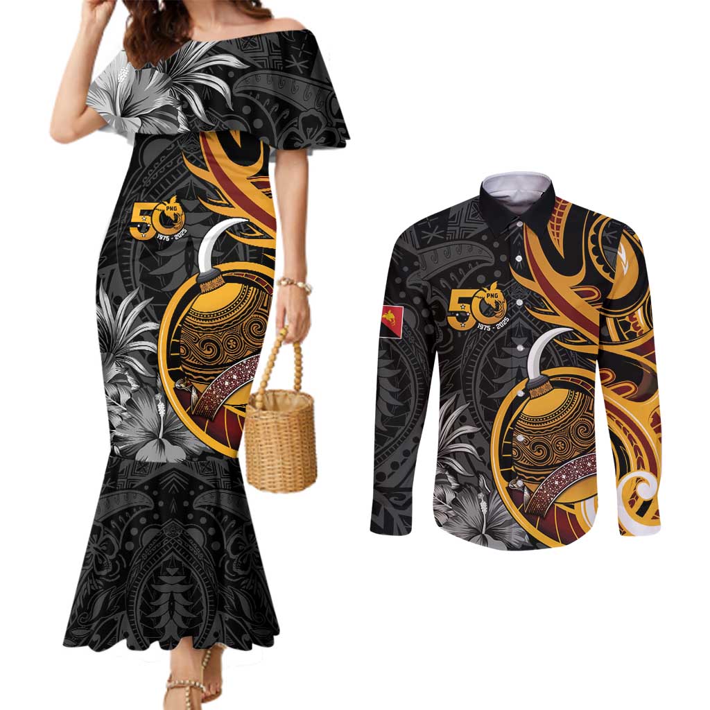 Personalised Papua New Guinea Couples Matching Mermaid Dress and Long Sleeve Button Shirt Happy 50th Independence Anniversary - Polynesian Pride