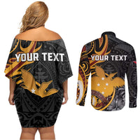 Personalised Papua New Guinea Couples Matching Off Shoulder Short Dress and Long Sleeve Button Shirt Happy 50th Independence Anniversary - Polynesian Pride