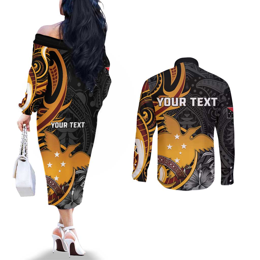 Personalised Papua New Guinea Couples Matching Off The Shoulder Long Sleeve Dress and Long Sleeve Button Shirt Happy 50th Independence Anniversary - Polynesian Pride