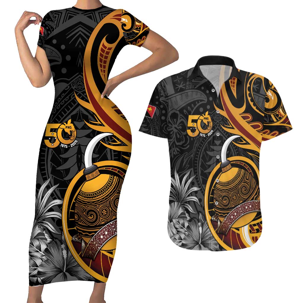 Personalised Papua New Guinea Couples Matching Short Sleeve Bodycon Dress and Hawaiian Shirt Happy 50th Independence Anniversary - Polynesian Pride