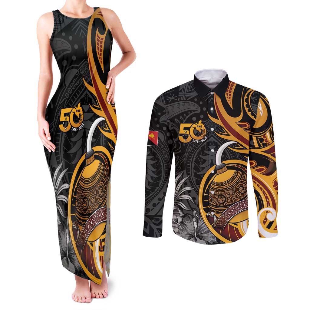 Personalised Papua New Guinea Couples Matching Tank Maxi Dress and Long Sleeve Button Shirt Happy 50th Independence Anniversary - Polynesian Pride