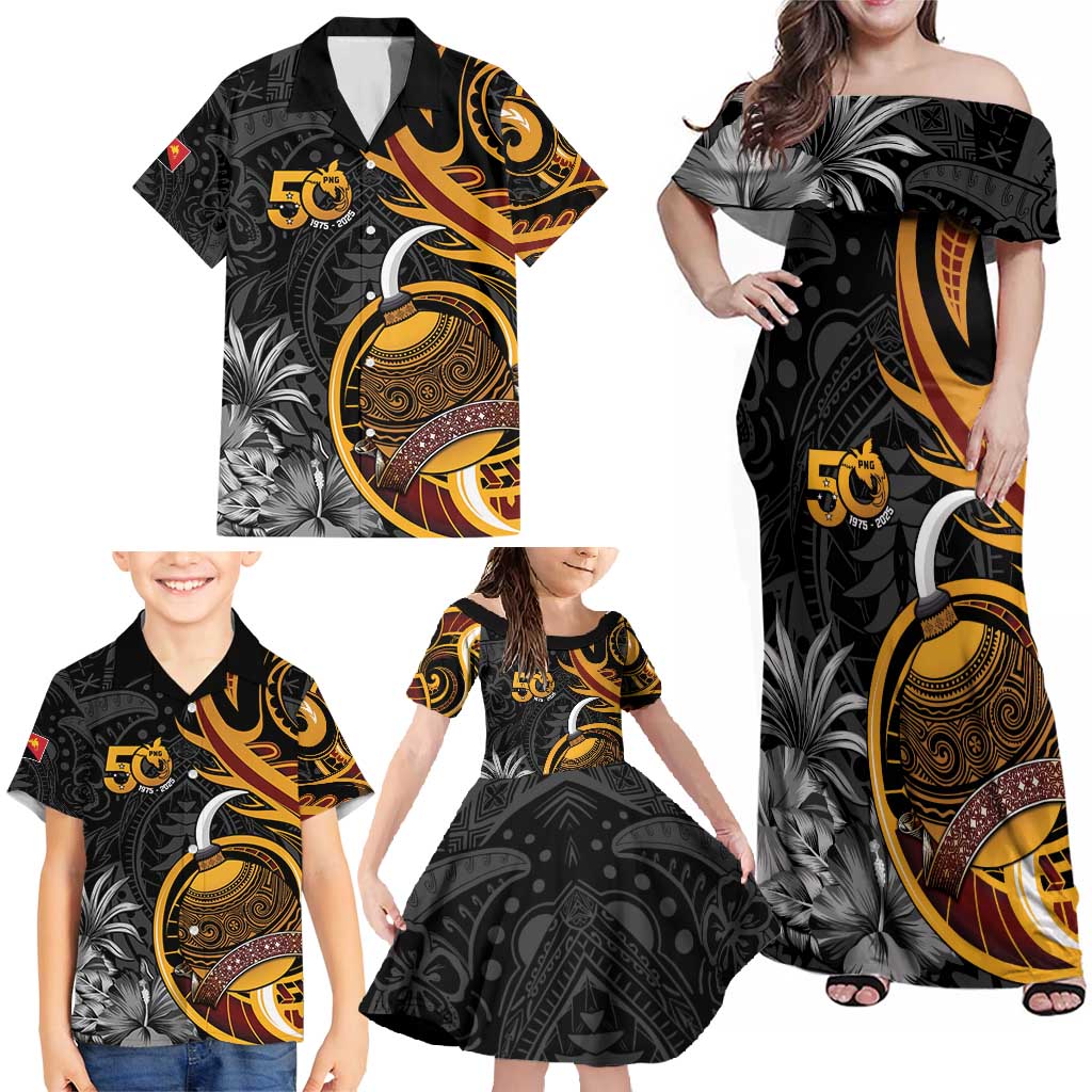 Personalised Papua New Guinea Family Matching Off Shoulder Maxi Dress and Hawaiian Shirt Happy 50th Independence Anniversary - Polynesian Pride