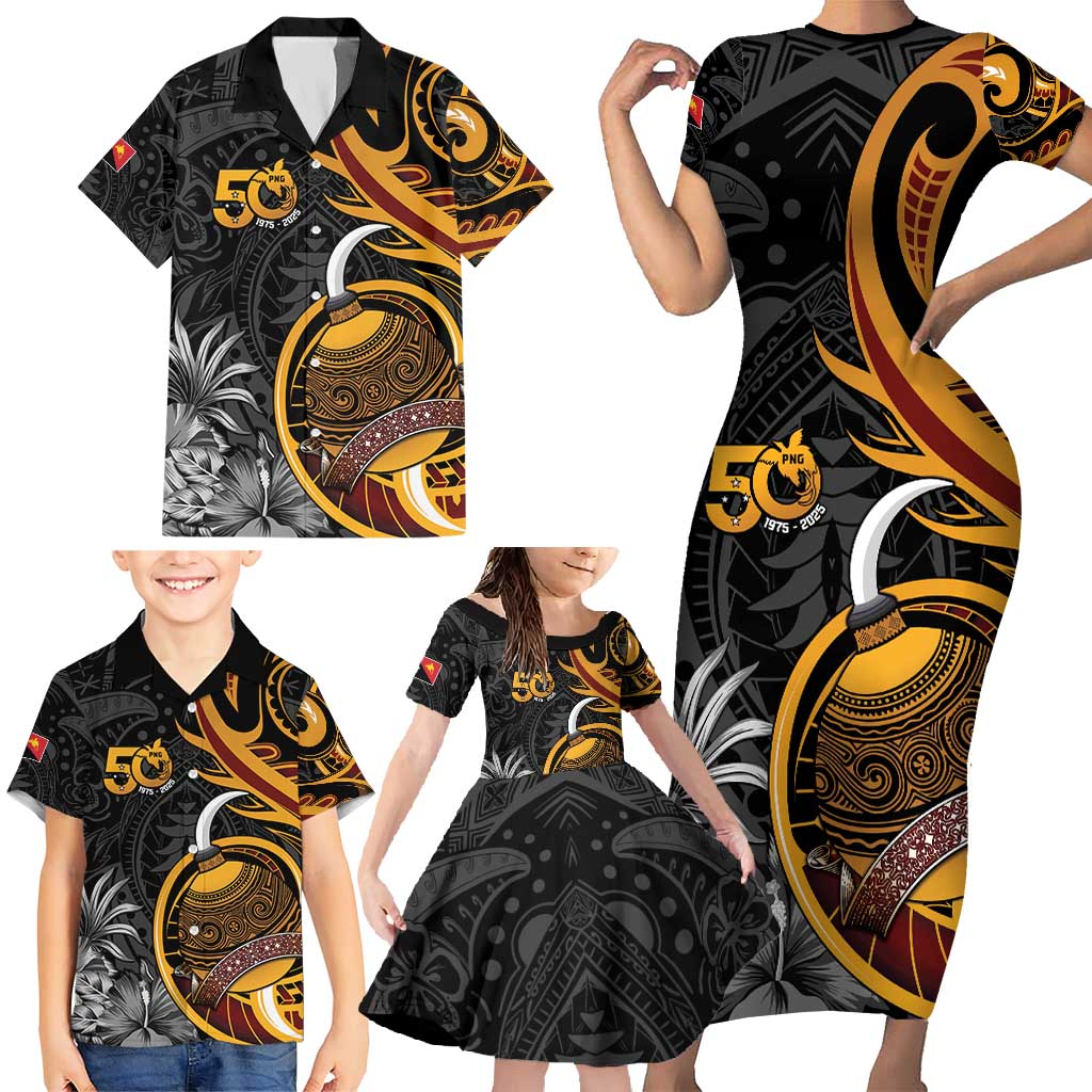 Personalised Papua New Guinea Family Matching Short Sleeve Bodycon Dress and Hawaiian Shirt Happy 50th Independence Anniversary - Polynesian Pride