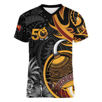Personalised Papua New Guinea Women V-Neck T-Shirt Happy 50th Independence Anniversary - Polynesian Pride