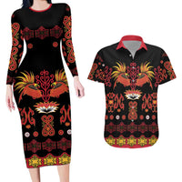 Papua Batik Motif Couples Matching Long Sleeve Bodycon Dress and Hawaiian Shirt Papua Spirit Black Version - Polynesian Pride