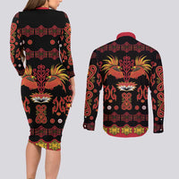 Papua Batik Motif Couples Matching Long Sleeve Bodycon Dress and Long Sleeve Button Shirt Papua Spirit Black Version - Polynesian Pride