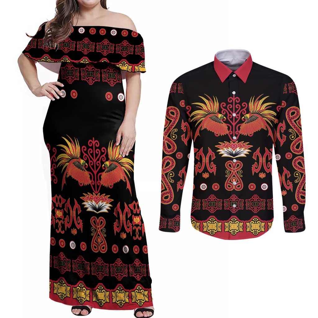 Papua Batik Motif Couples Matching Off Shoulder Maxi Dress and Long Sleeve Button Shirt Papua Spirit Black Version - Polynesian Pride