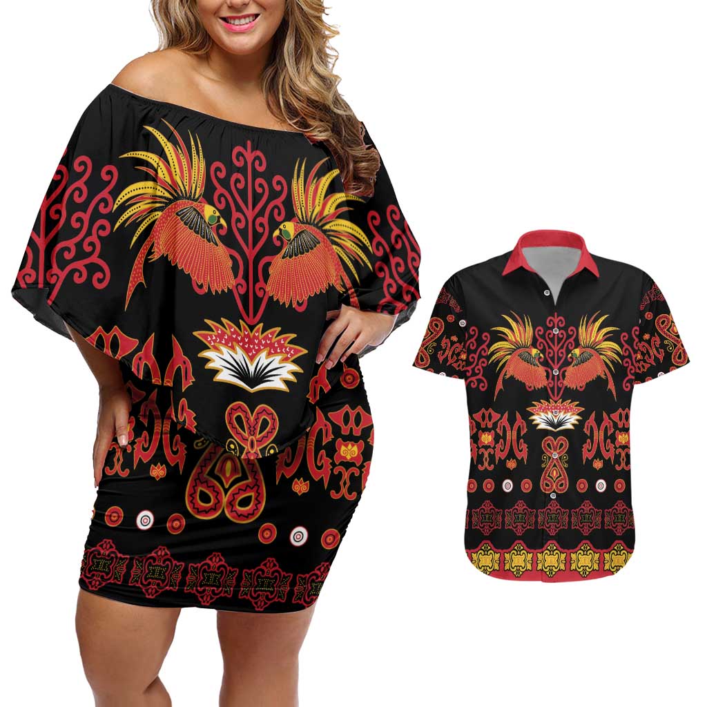 Papua Batik Motif Couples Matching Off Shoulder Short Dress and Hawaiian Shirt Papua Spirit Black Version - Polynesian Pride