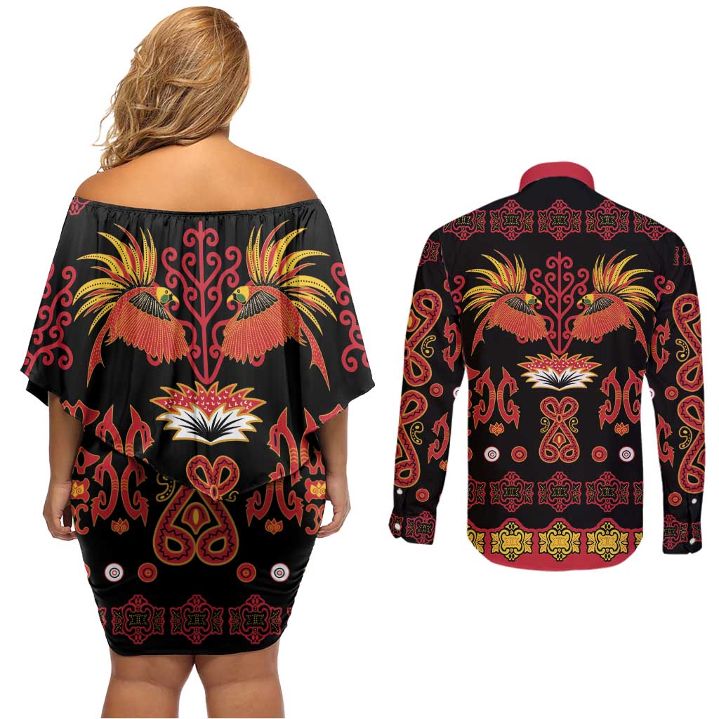 Papua Batik Motif Couples Matching Off Shoulder Short Dress and Long Sleeve Button Shirt Papua Spirit Black Version LT05 - Polynesian Pride