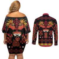 Papua Batik Motif Couples Matching Off Shoulder Short Dress and Long Sleeve Button Shirt Papua Spirit Black Version LT05 - Polynesian Pride