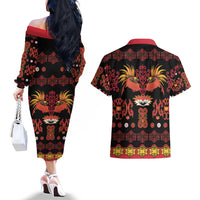 Papua Batik Motif Couples Matching Off The Shoulder Long Sleeve Dress and Hawaiian Shirt Papua Spirit Black Version - Polynesian Pride
