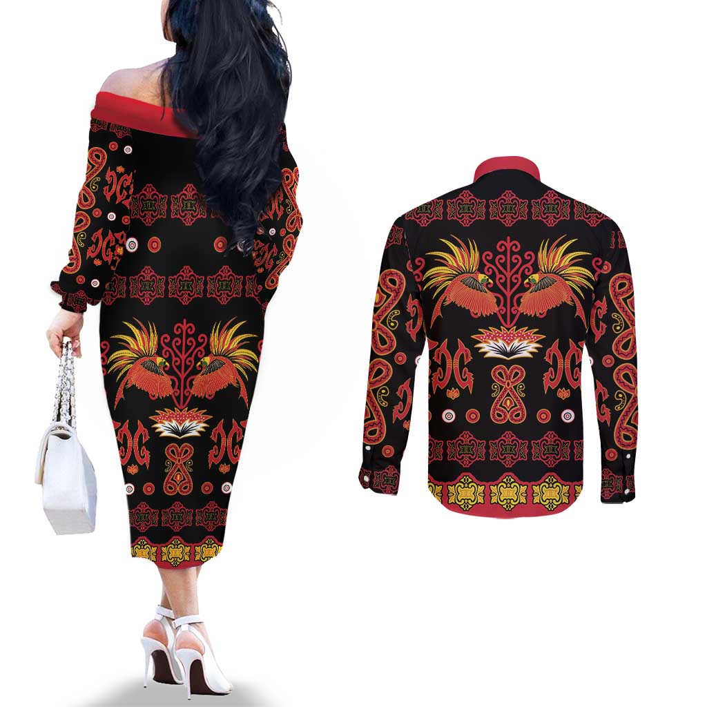 Papua Batik Motif Couples Matching Off The Shoulder Long Sleeve Dress and Long Sleeve Button Shirt Papua Spirit Black Version LT05 - Polynesian Pride