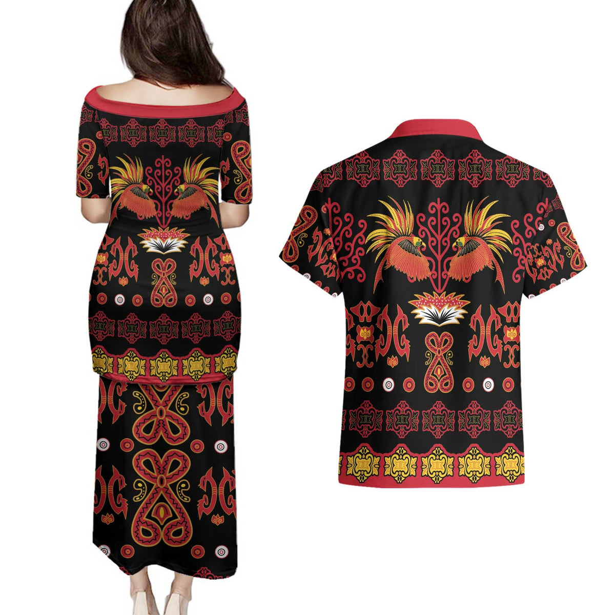 Papua Batik Motif Couples Matching Puletasi and Hawaiian Shirt Papua Spirit Black Version - Polynesian Pride