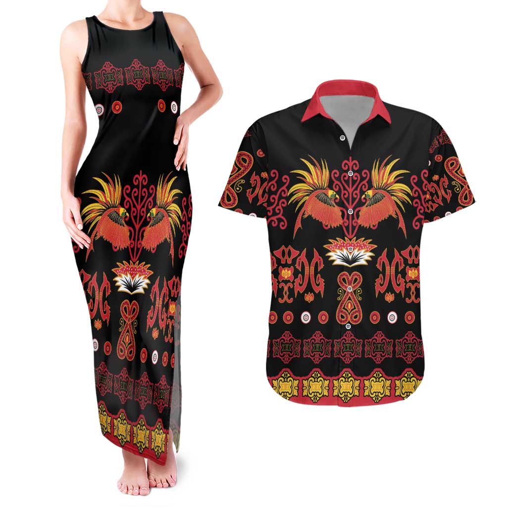 Papua Batik Motif Couples Matching Tank Maxi Dress and Hawaiian Shirt Papua Spirit Black Version - Polynesian Pride