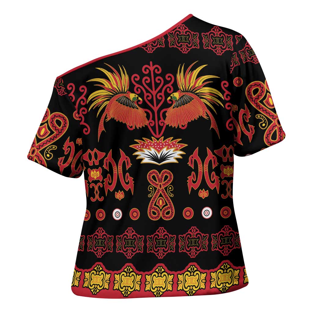 Papua Batik Motif Cross Shoulder Shirt Papua Spirit Black Version - Polynesian Pride