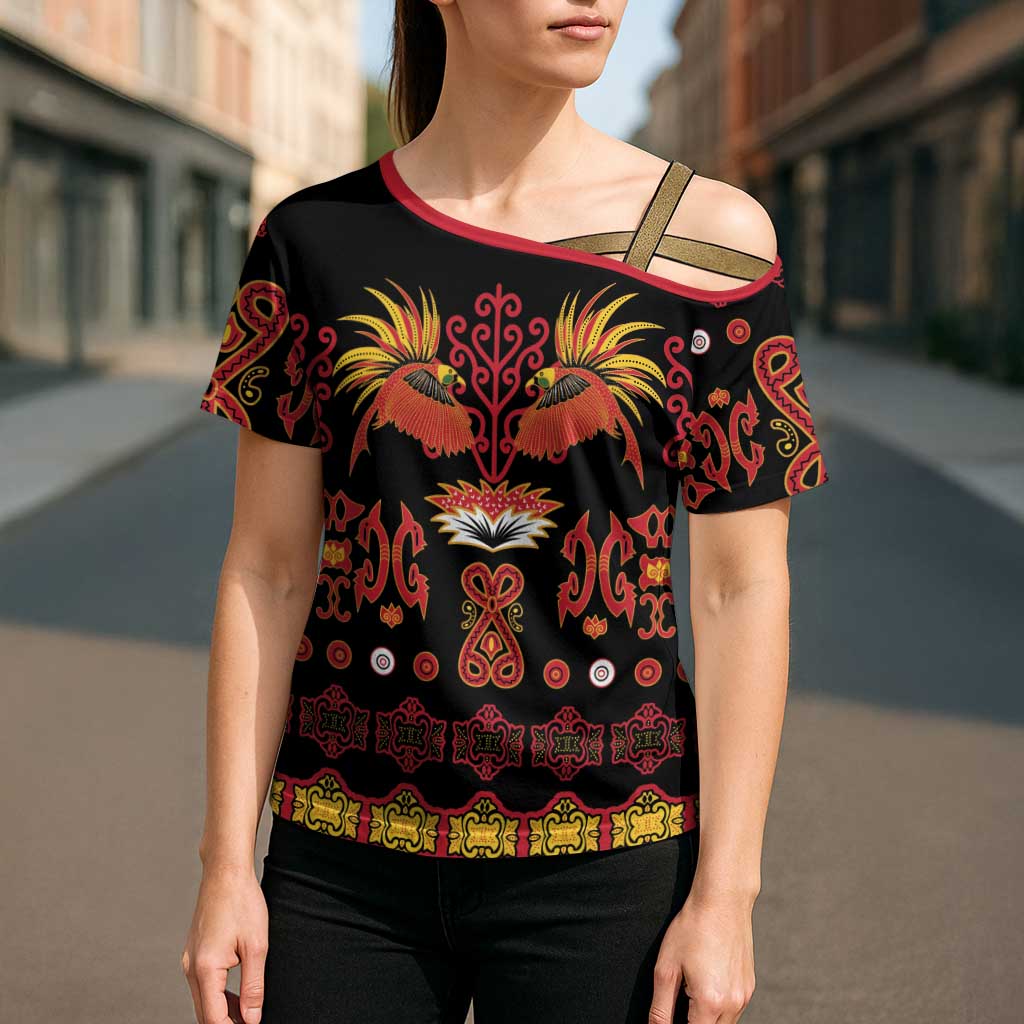 Papua Batik Motif Cross Shoulder Shirt Papua Spirit Black Version - Polynesian Pride
