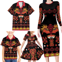Papua Batik Motif Family Matching Long Sleeve Bodycon Dress and Hawaiian Shirt Papua Spirit Black Version - Polynesian Pride