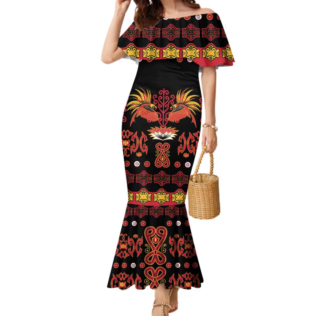 Papua Batik Motif Family Matching Mermaid Dress and Hawaiian Shirt Papua Spirit Black Version - Polynesian Pride