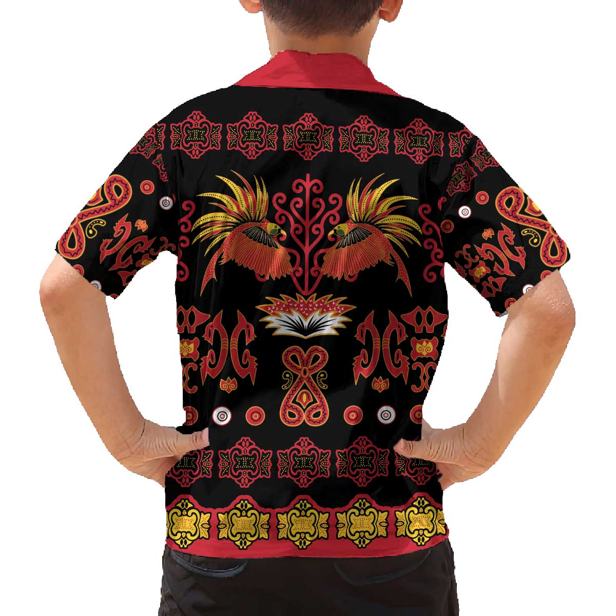 Papua Batik Motif Family Matching Off The Shoulder Long Sleeve Dress and Hawaiian Shirt Papua Spirit Black Version - Polynesian Pride