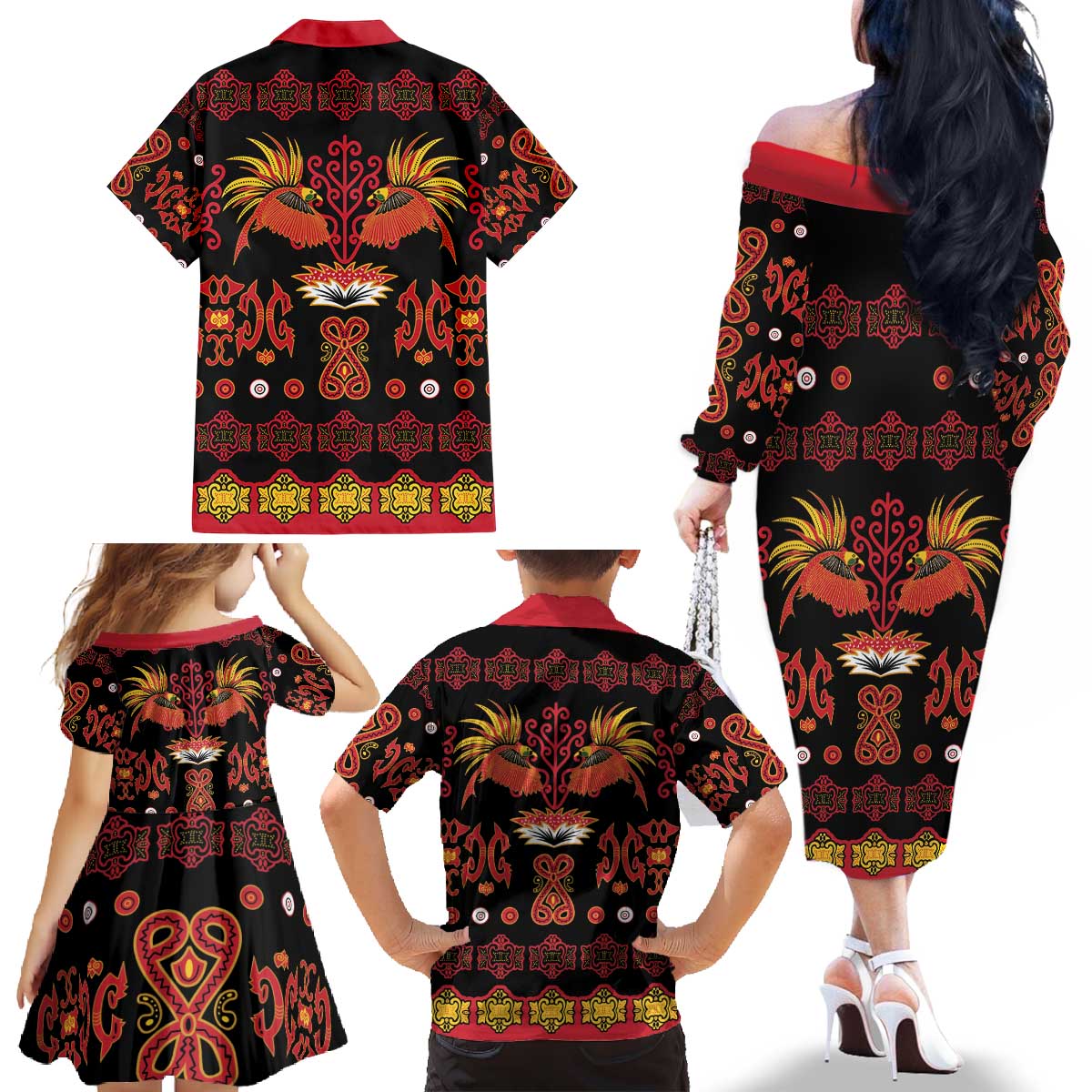 Papua Batik Motif Family Matching Off The Shoulder Long Sleeve Dress and Hawaiian Shirt Papua Spirit Black Version - Polynesian Pride