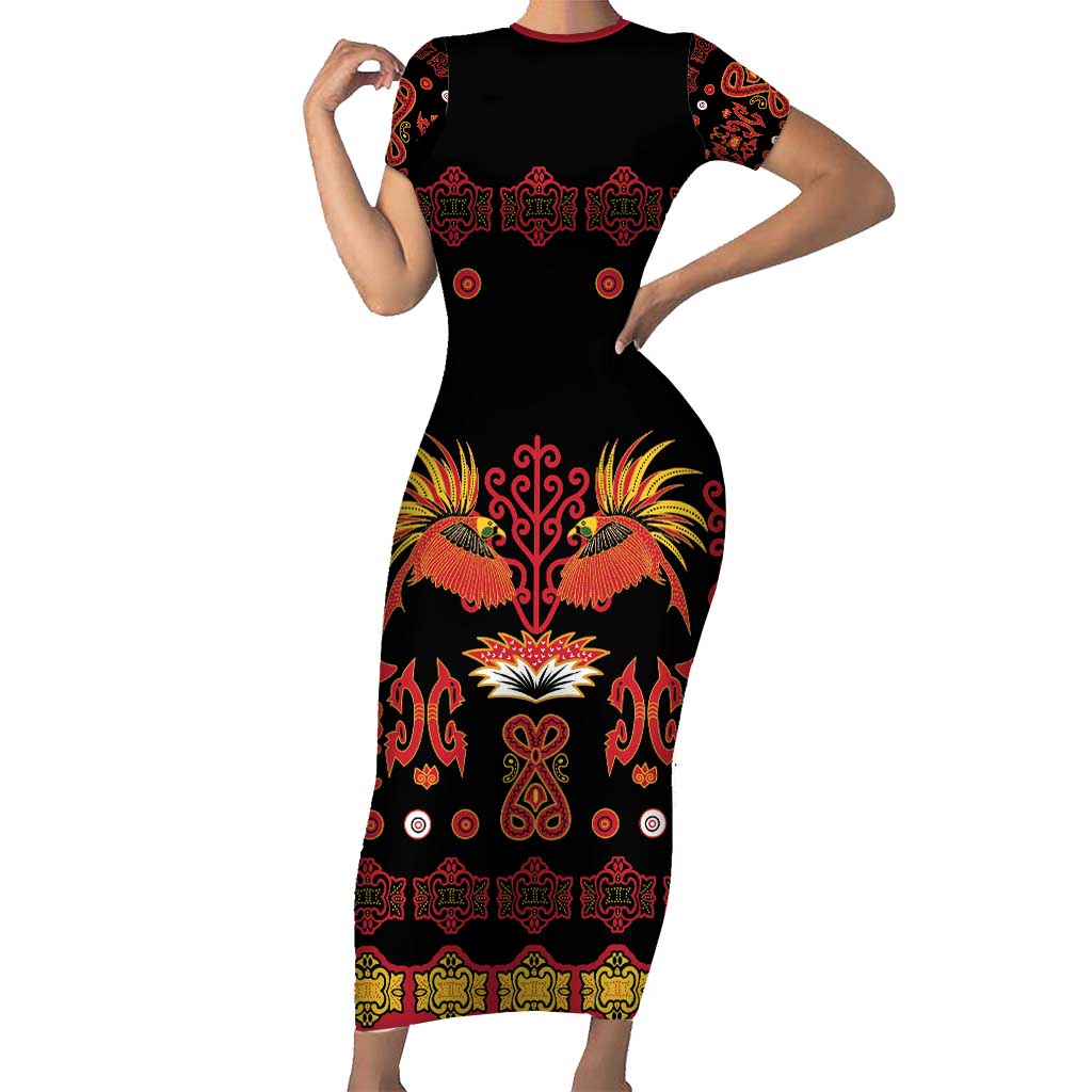 Papua Batik Motif Family Matching Short Sleeve Bodycon Dress and Hawaiian Shirt Papua Spirit Black Version - Polynesian Pride