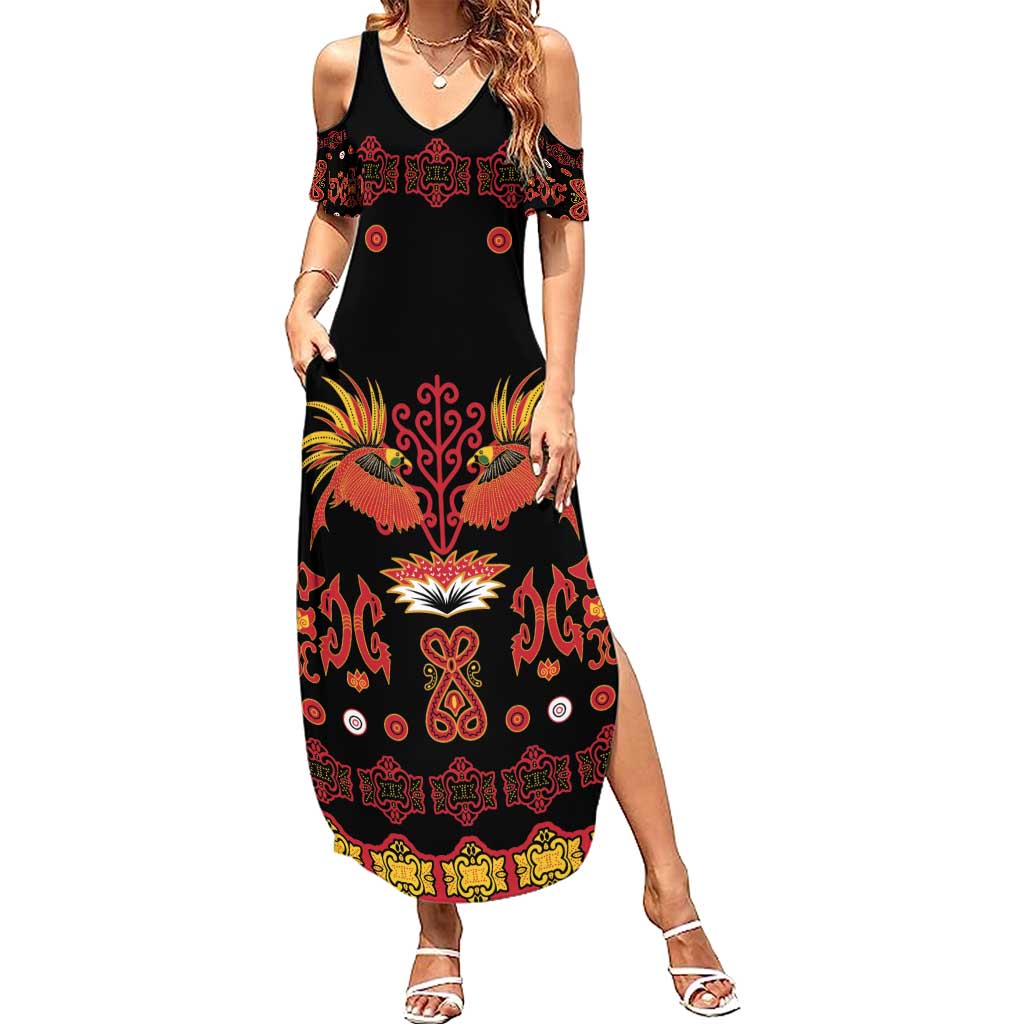 Papua Batik Motif Family Matching Summer Maxi Dress and Hawaiian Shirt Papua Spirit Black Version - Polynesian Pride