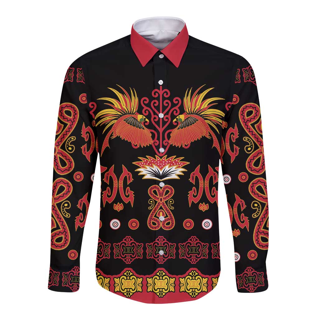 Papua Batik Motif Long Sleeve Button Shirt Papua Spirit Black Version - Polynesian Pride