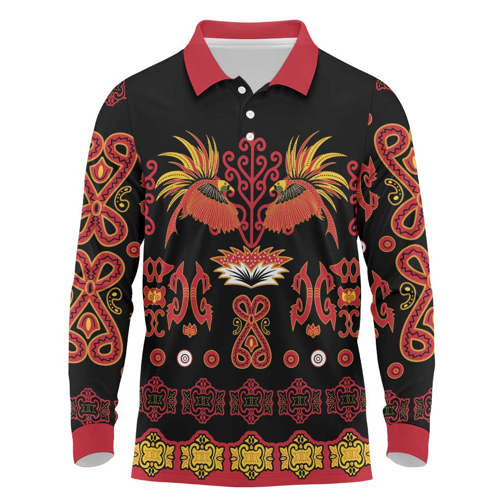 Papua Batik Motif Long Sleeve Polo Shirt Papua Spirit Black Version LT05 Black - Polynesian Pride