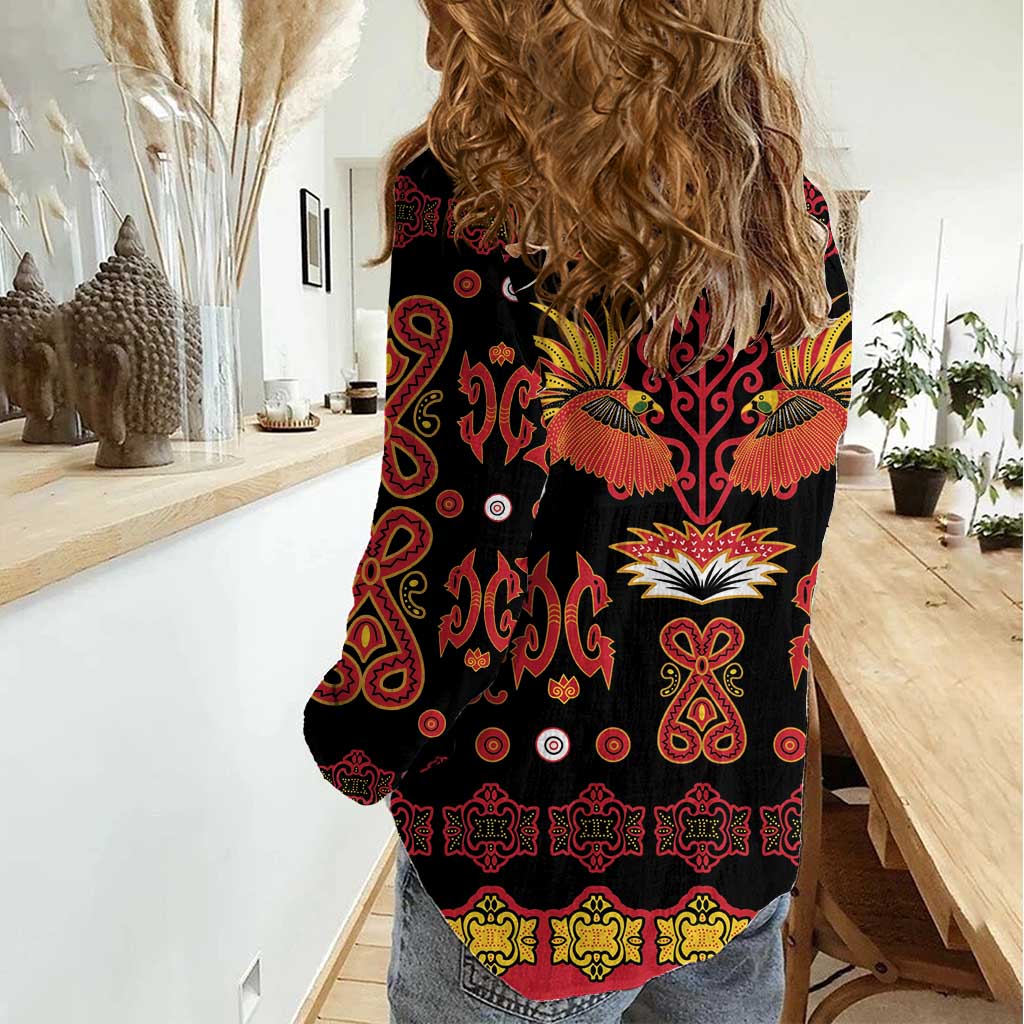 Papua Batik Motif Women Casual Shirt Papua Spirit Black Version - Polynesian Pride