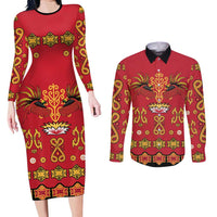 Papua Batik Motif Couples Matching Long Sleeve Bodycon Dress and Long Sleeve Button Shirt Papua Spirit Red Version - Polynesian Pride