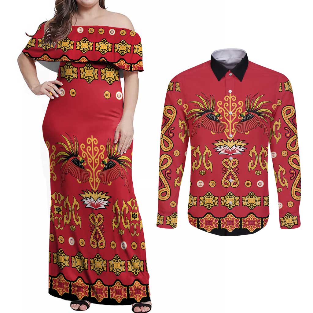 Papua Batik Motif Couples Matching Off Shoulder Maxi Dress and Long Sleeve Button Shirt Papua Spirit Red Version LT05 Red - Polynesian Pride
