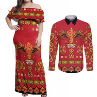 Papua Batik Motif Couples Matching Off Shoulder Maxi Dress and Long Sleeve Button Shirt Papua Spirit Red Version LT05 Red - Polynesian Pride